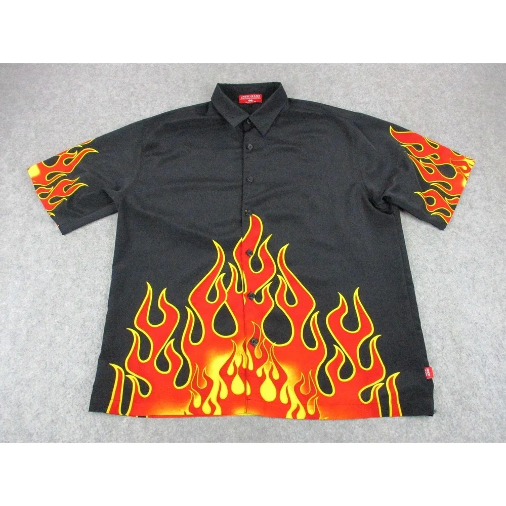 JNCO Shirt Mens Extra Large Black Red Flame Crown Graphic Button Up Skater Y2K